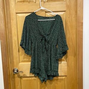 BOGO Shein green white dots romper ruffled edges size M tie neck